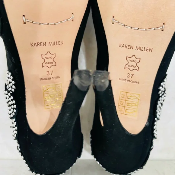 KAREN MILLEN {6} Black Silver Beaded Pumps Peep Toe Stiletto - Picture 13 of 16
